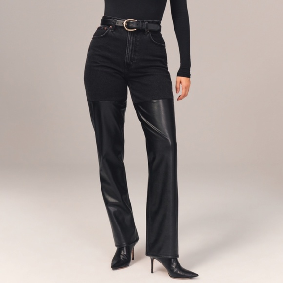 Abercrombie & Fitch Denim - Abercrombie & Fitch Mixed Fabric Curve Love Ultra High Rise 90s Straight 12 Long